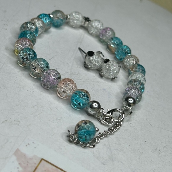 Blue & Clear Crackle Glass Bracelet + Earrings - Picture 1 of 2